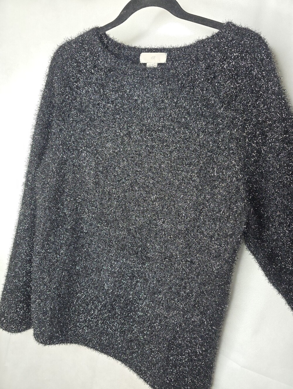 NWT H&M Tinsel Sweater Black Fuzzy Metallic Fuzzy Knit Holiday Party Relaxed M
